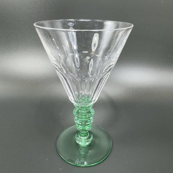 Seneca Theodule Green and Clear Top Uranium Stem Optic Cut Top Goblet Cups Set 2 - Picture 11 of 16